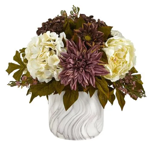 15" Peony, Hydrangea and Dahlia Artificial Arrangement in Marble Finished Vase