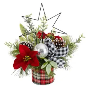 17" Holiday Winter Poinsettia, Greenery and Pinecones with North Star Plaid Table Christmas Artificial Arrangement