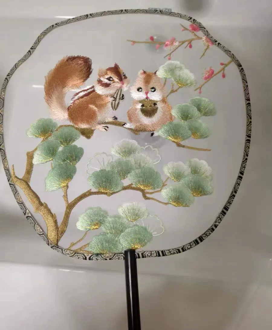 Ancient Chinese Landscape Painting - Grey Squirrels in Pine Tree Eating Pine Nuts Single Side Embroidered Handheld Decorative Fan Chinese Art