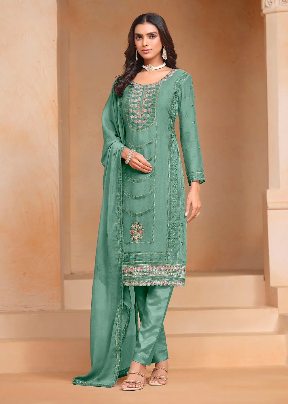 Aqua Organza Chiffon Embroidered Festive Salwar Suit