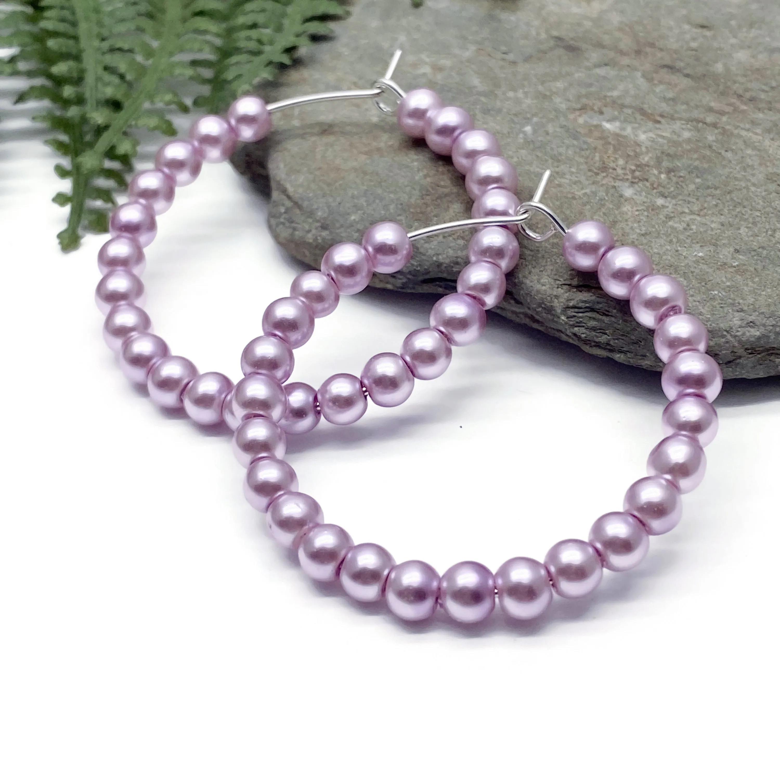 Baby Pink Glass Bead Silver Plated Hoops 35mm