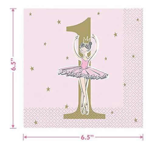 Ballerina Pink & Gold Paper Dessert Plates and 1st Birthday Lunch Napkins (Serves 16)