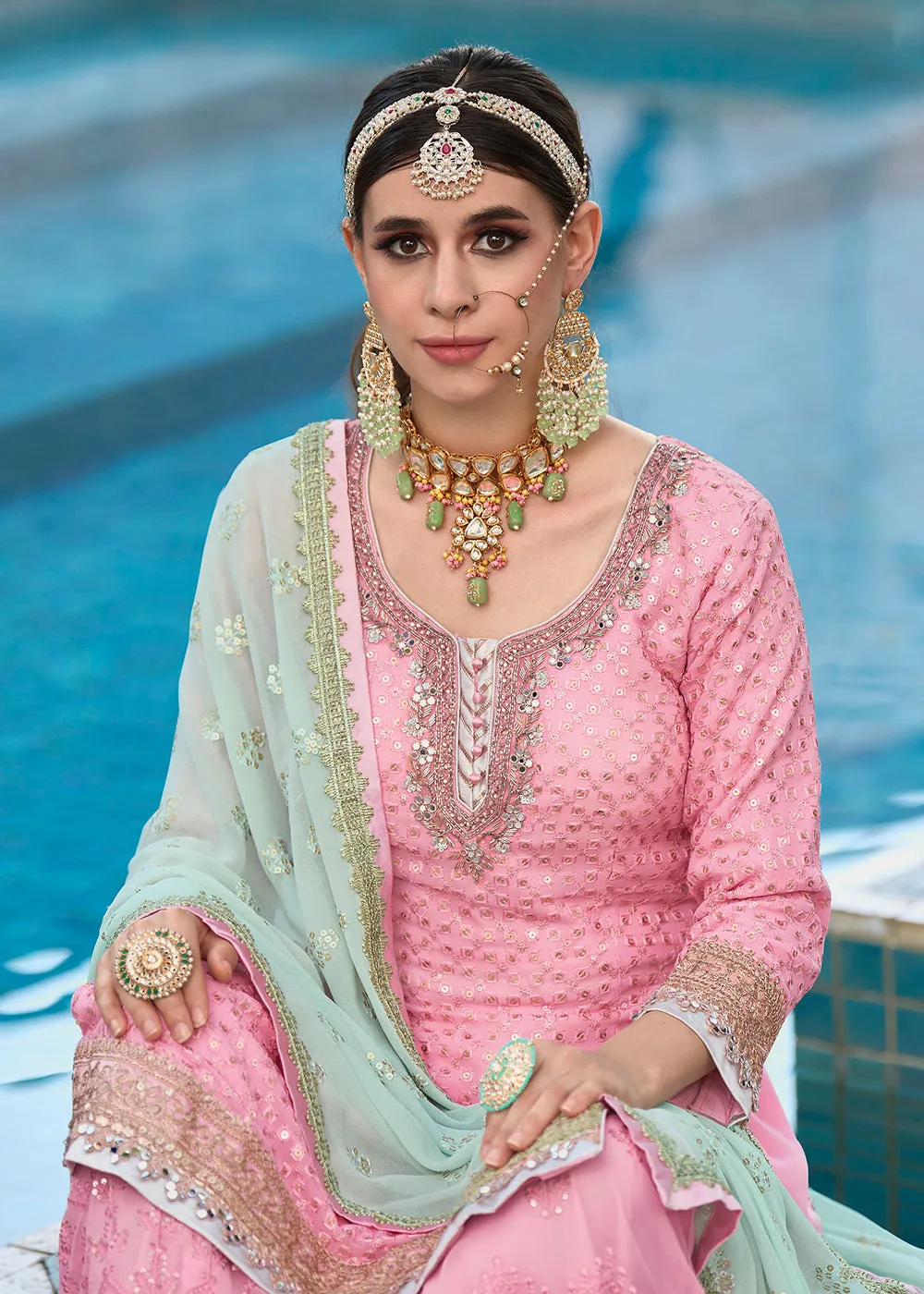 Beautiful Soft Pink Heavy Embroidered Festive Gharara Style Suit