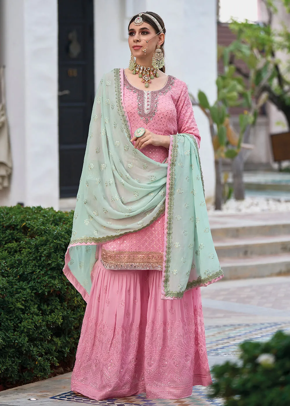 Beautiful Soft Pink Heavy Embroidered Festive Gharara Style Suit