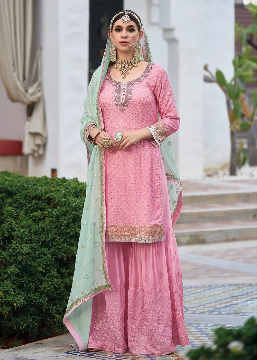 Beautiful Soft Pink Heavy Embroidered Festive Gharara Style Suit