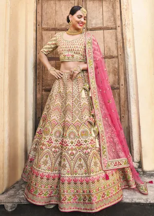 Beigey Cream Bridal Wear Heavy Embroidered Silk Lehenga Choli