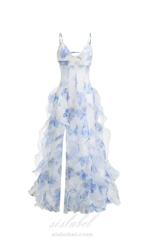 BELINDA BLUE FLORAL VERTICAL RUFFLE TRIM MAXI DRESS