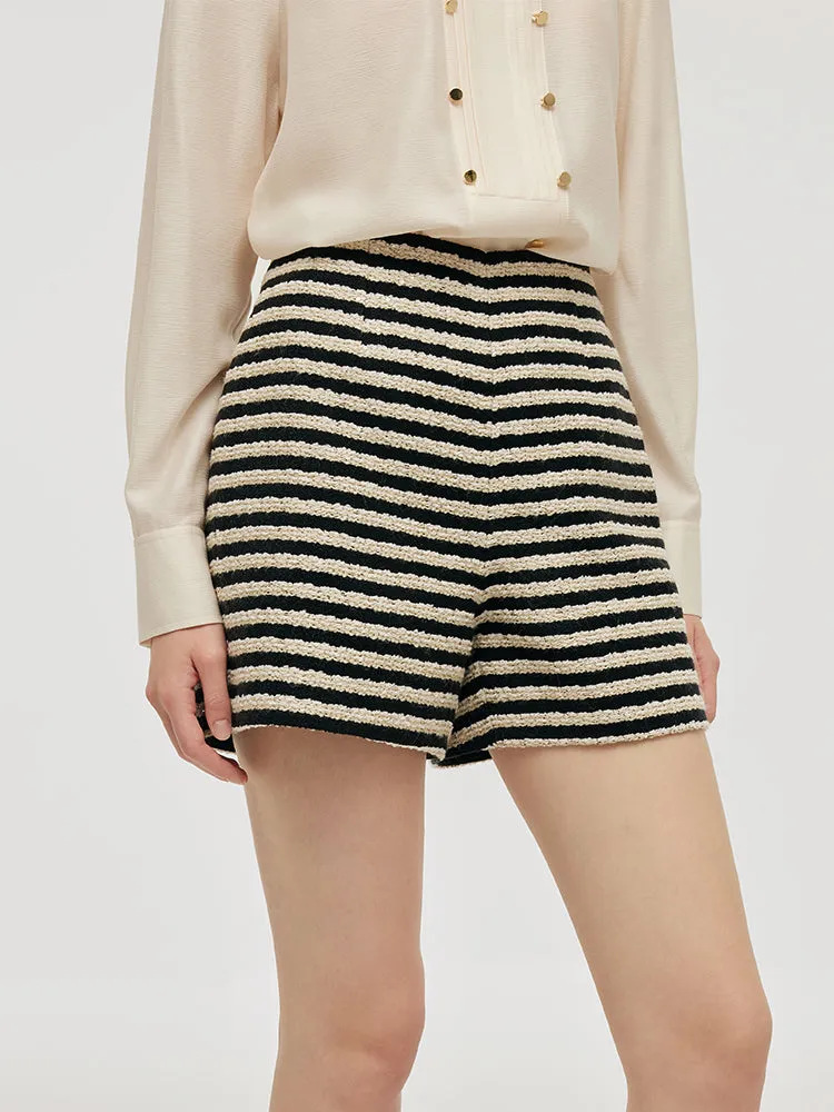 Black And White Stripe Tweed Women Shorts