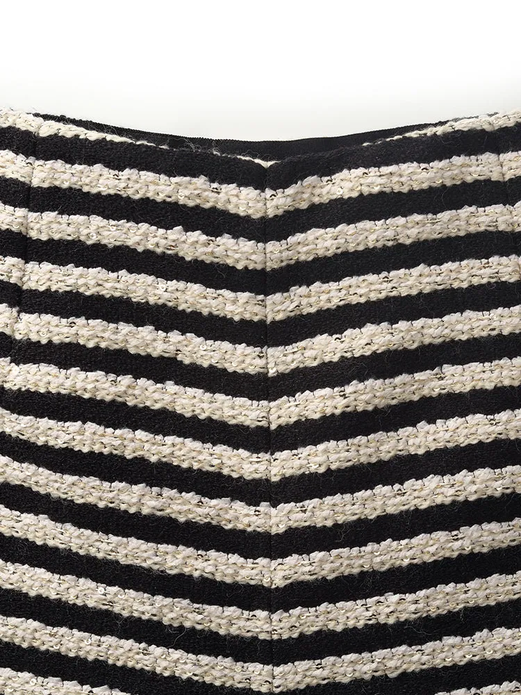 Black And White Stripe Tweed Women Shorts