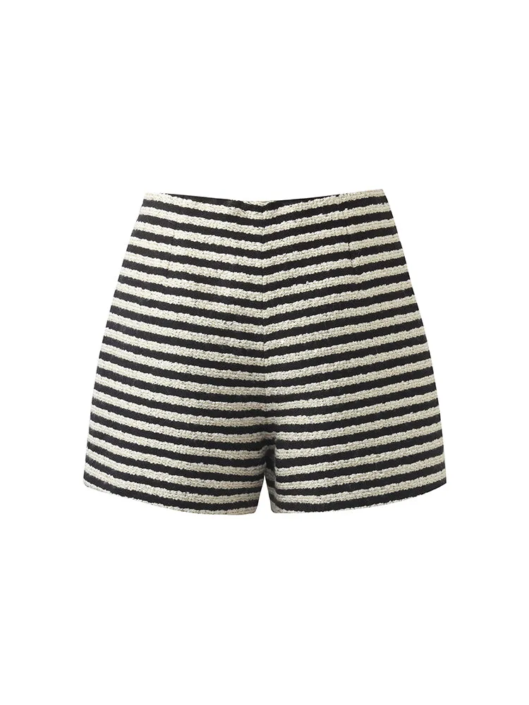 Black And White Stripe Tweed Women Shorts