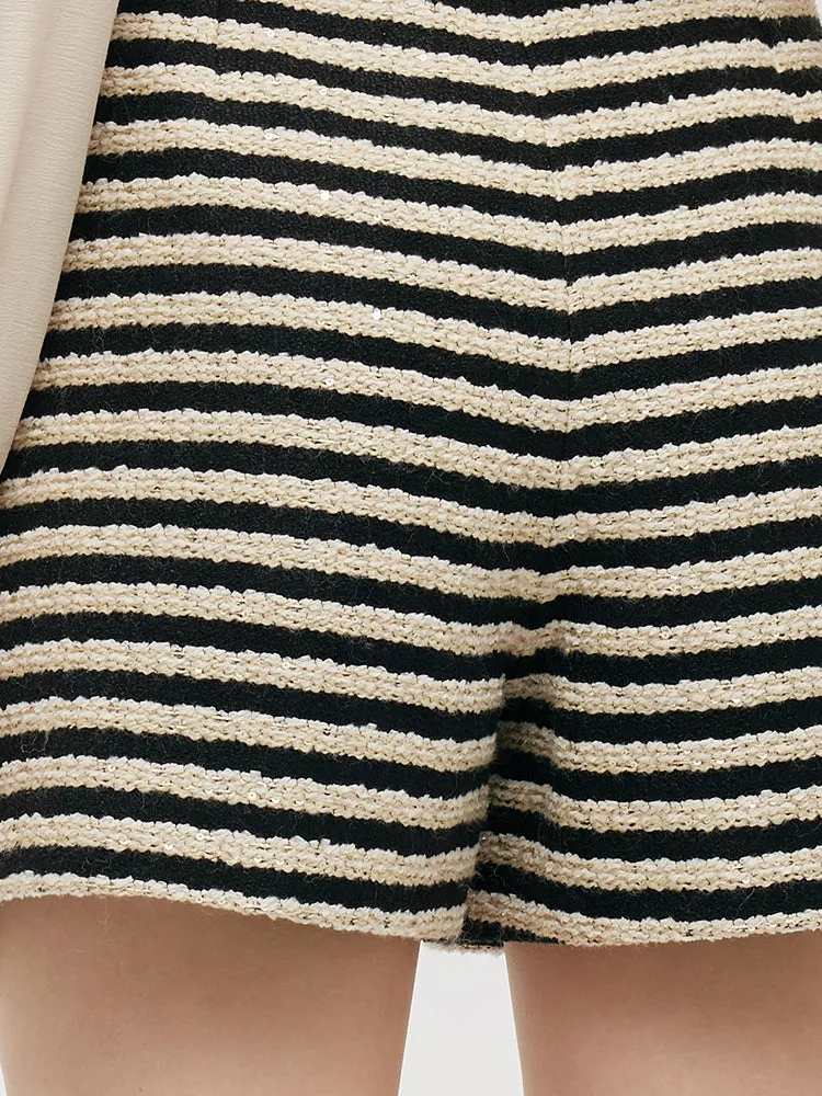 Black And White Stripe Tweed Women Shorts