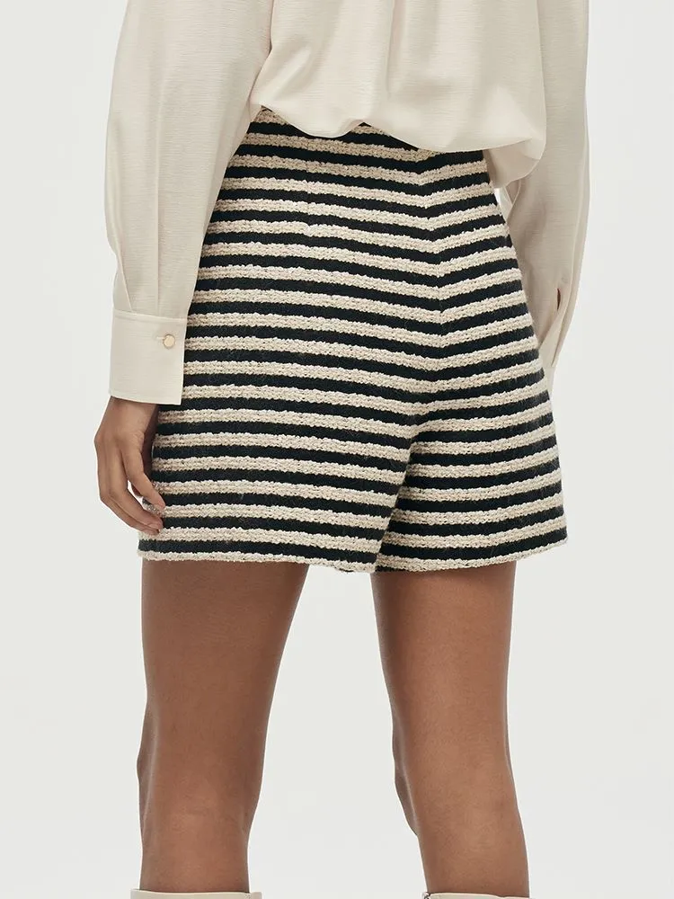 Black And White Stripe Tweed Women Shorts