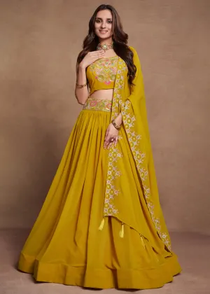 Blooming Georgette Yellow Embroidered Festive Lehenga Choli