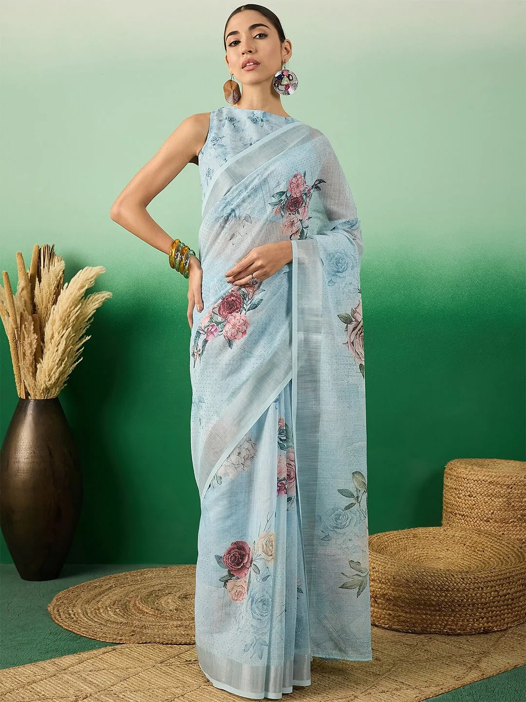 Blue Floral Printed Embellished Linen Blend Saree