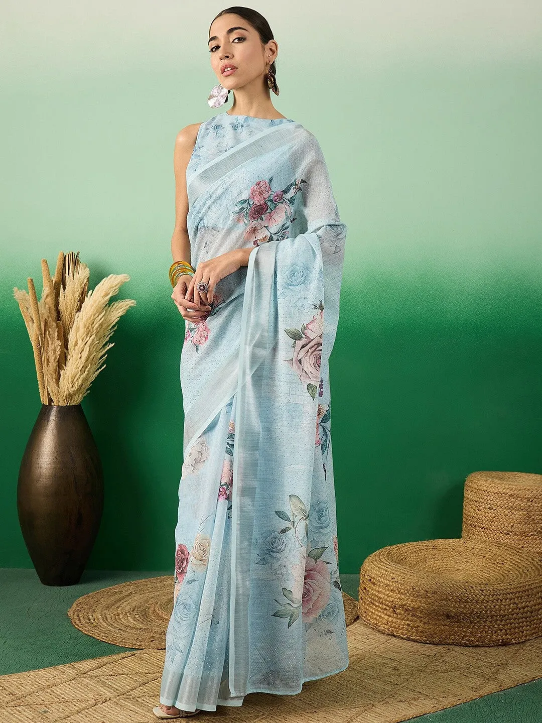 Blue Floral Printed Embellished Linen Blend Saree