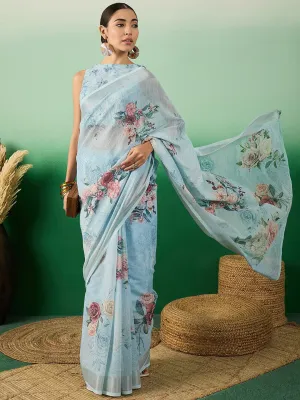 Blue Floral Printed Embellished Linen Blend Saree