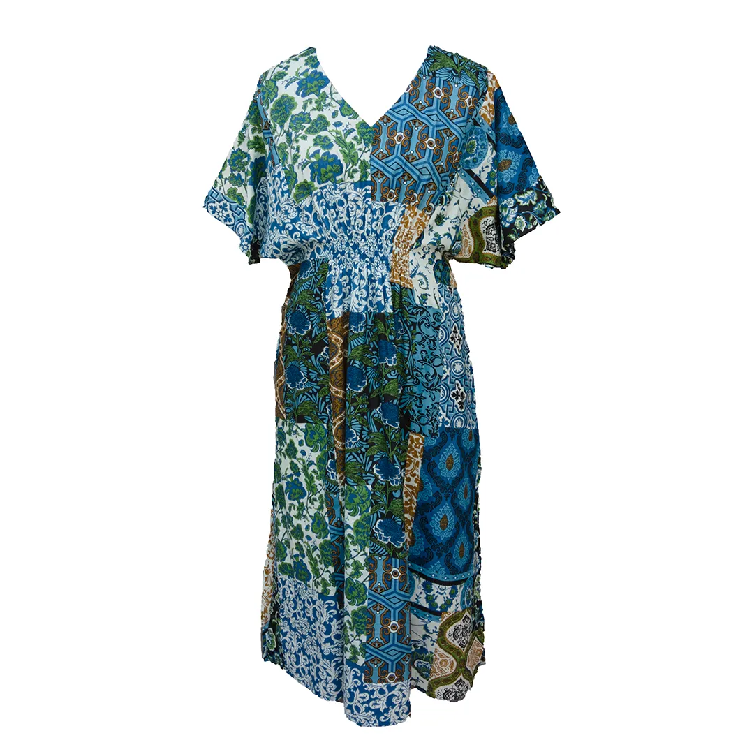 Blue Patchwork Print Cotton Smocked Maxi Dress Size 16-32 P243