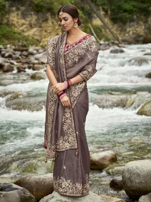 brown crackle crush saree with maroon silk blouse