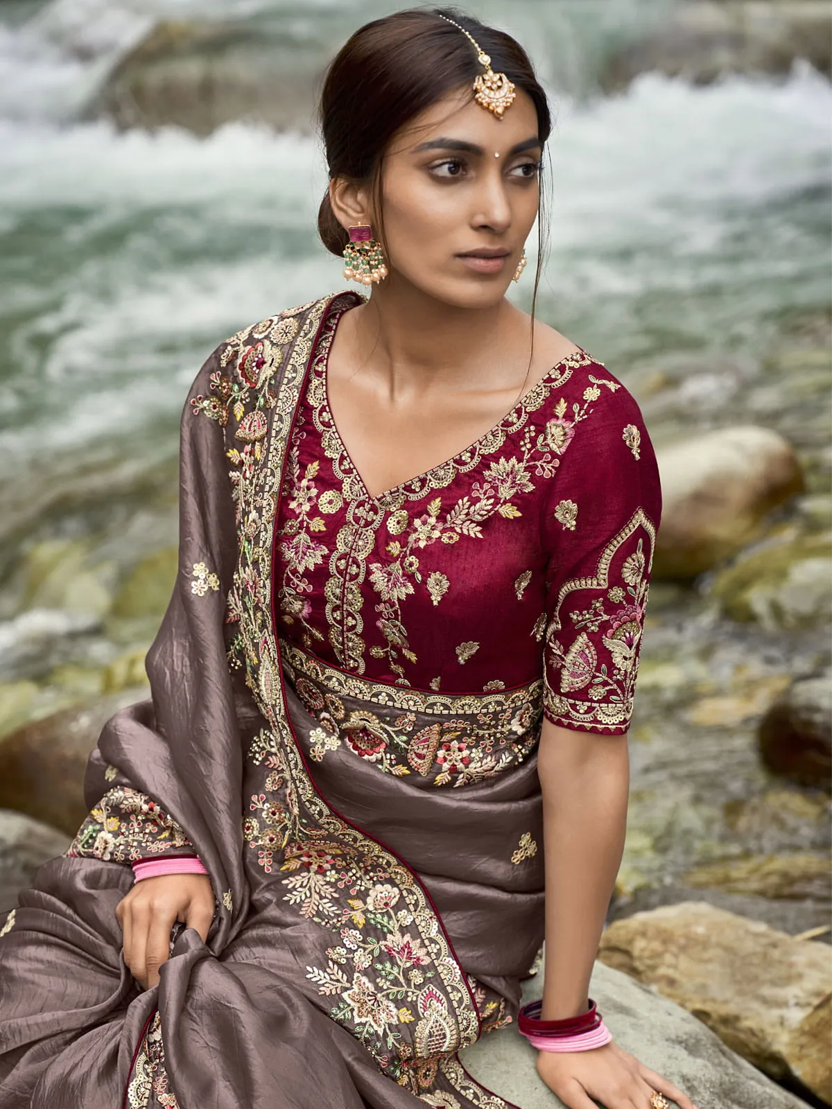 brown crackle crush saree with maroon silk blouse