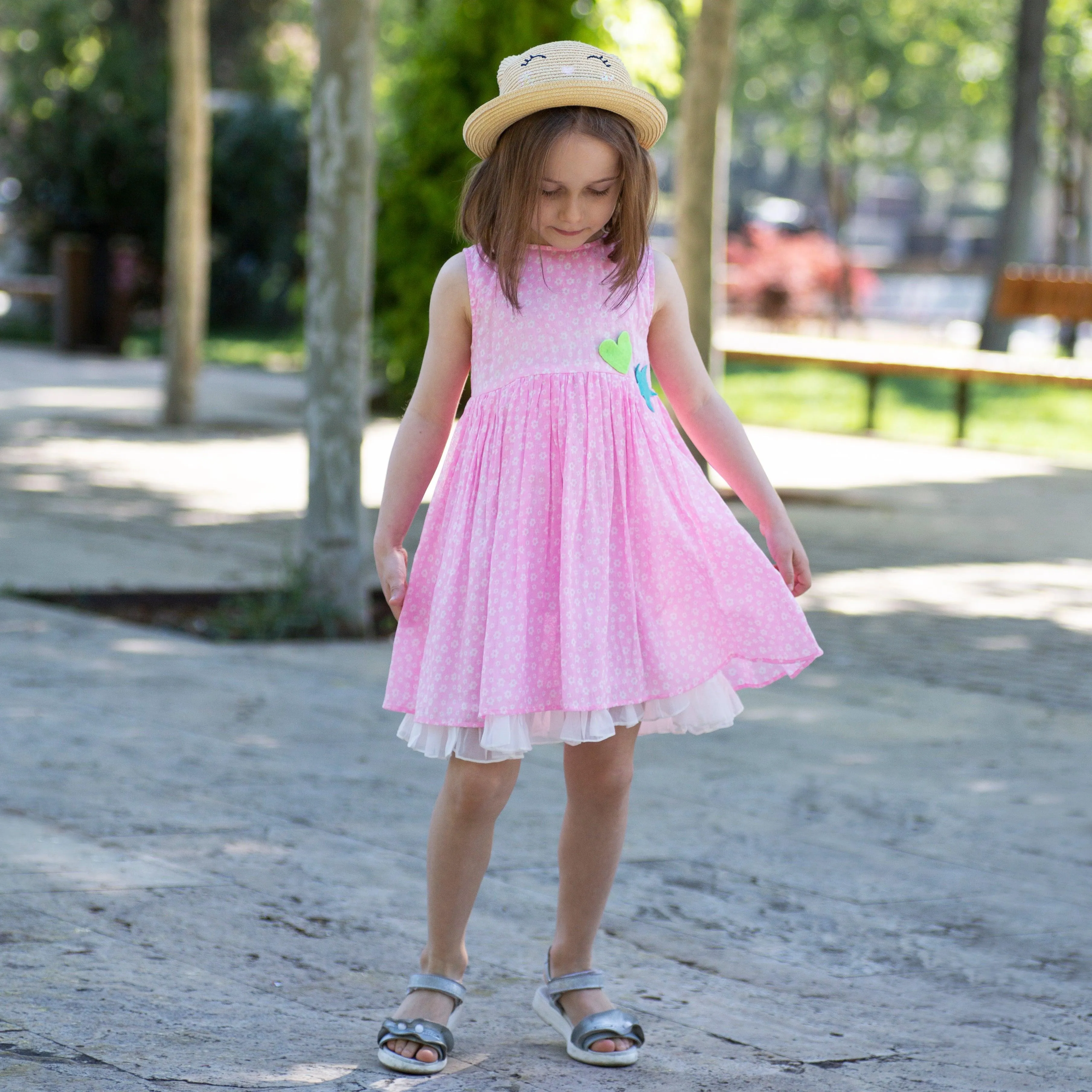 C'est La Vive- Sleeveless Pink Dress with White Floral Print for Girls