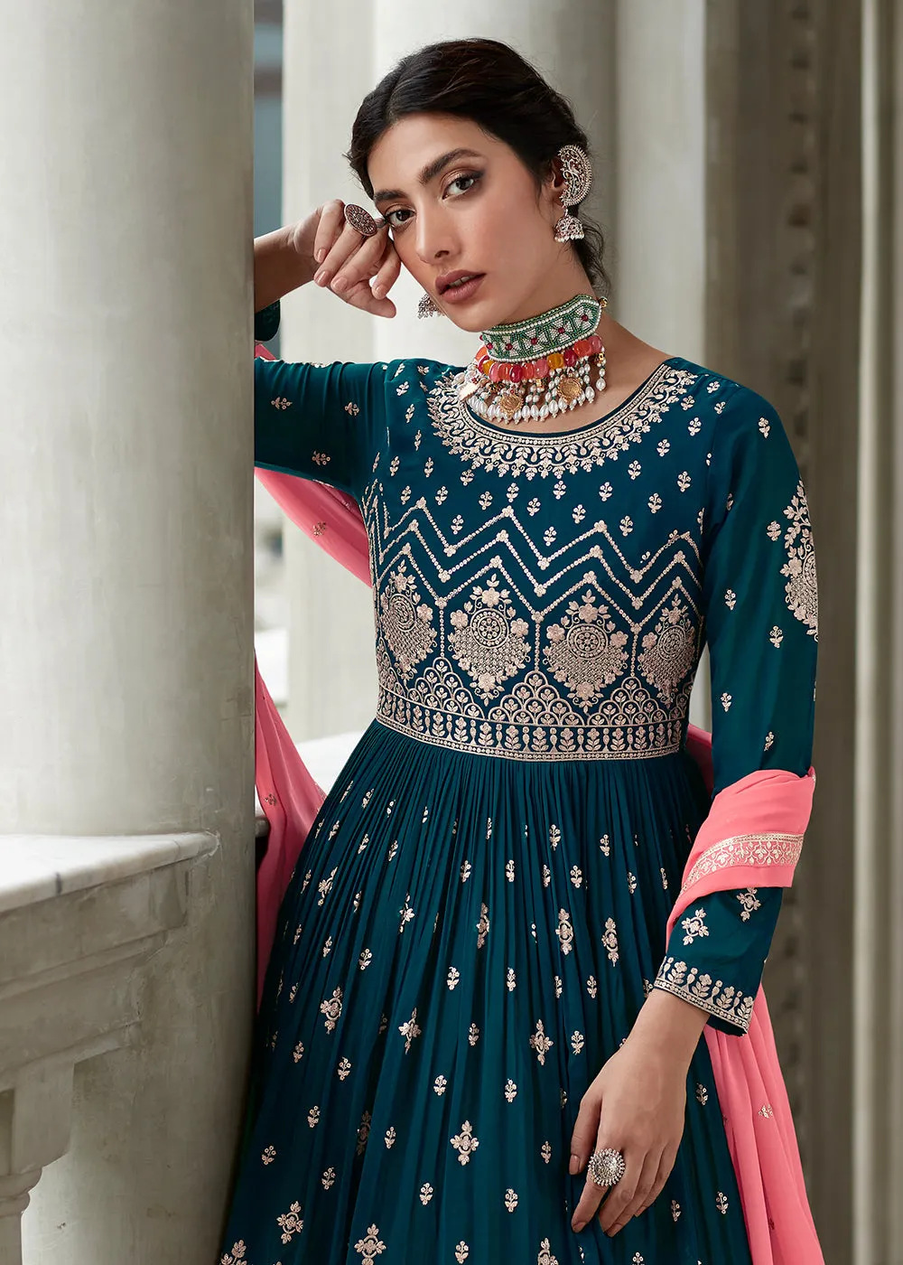 Charming Blue & Pink Sharara Top Style Lehenga Anarkali