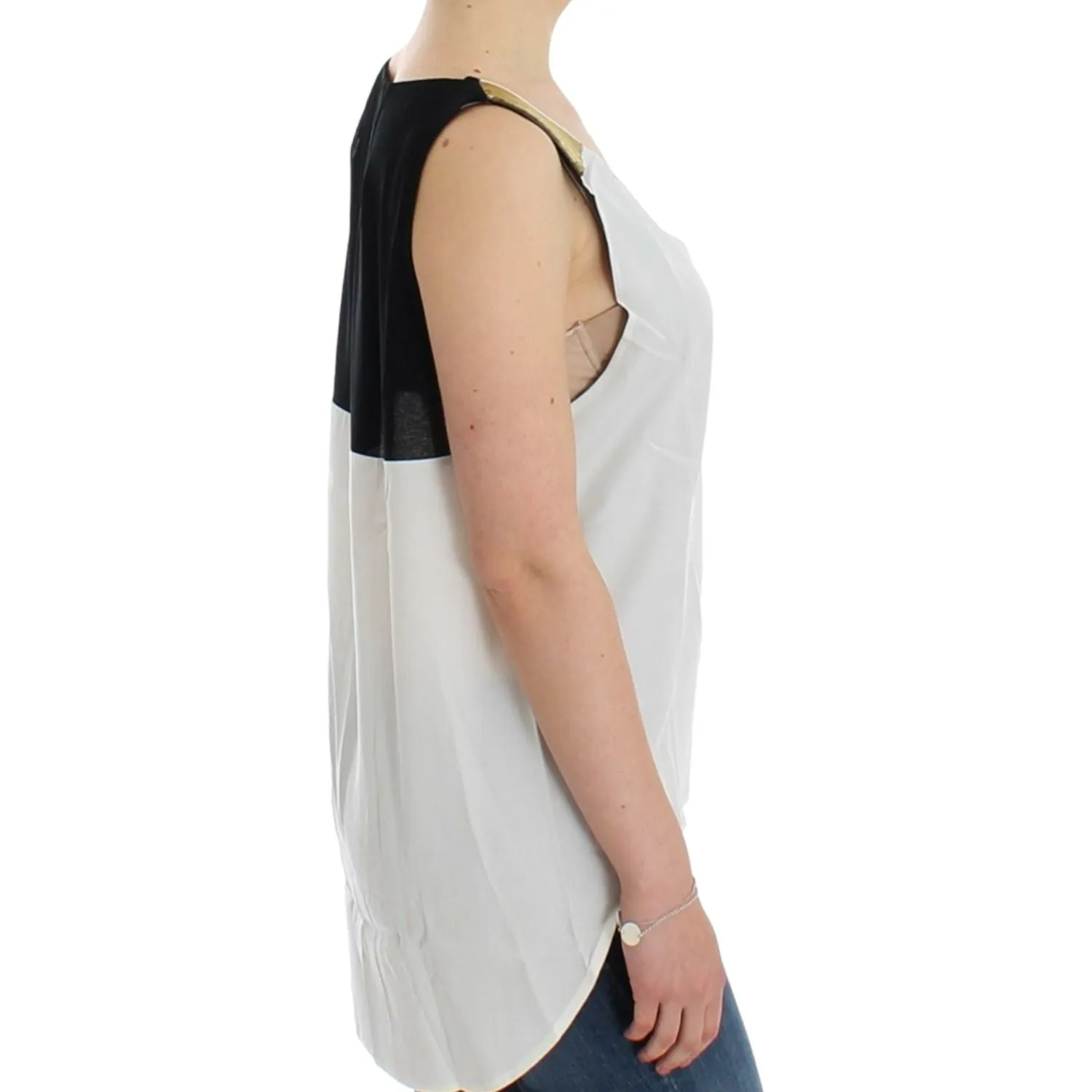 Costume National Elegant Monochrome Sleeveless Top with Gold Accents