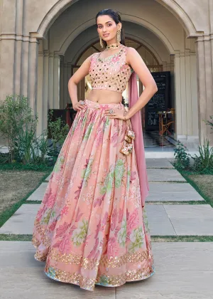 Crystal Floral Pink Printed Embroidered Designer Lehenga Choli