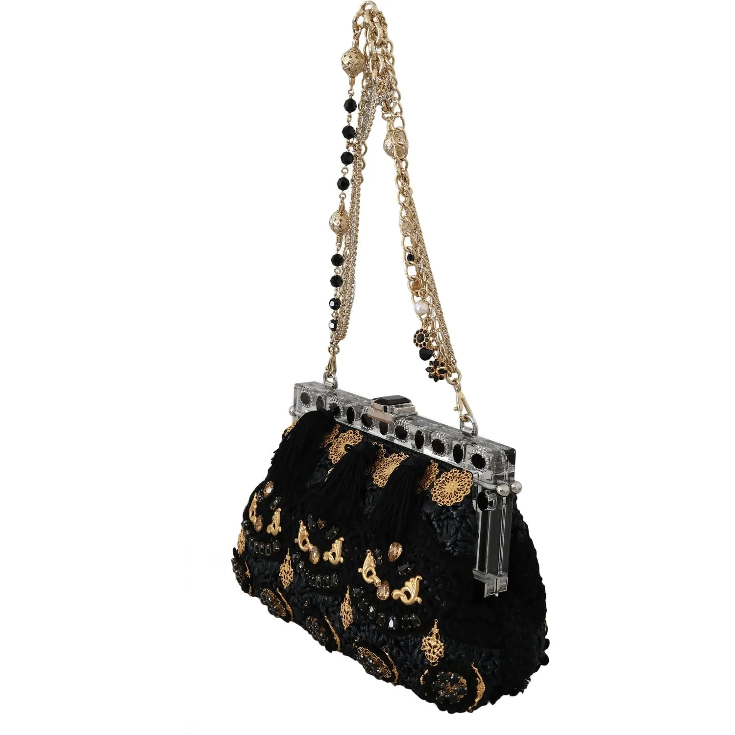 Dolce & Gabbana Black Tassel Gold Baroque Crystal Evening Clutch