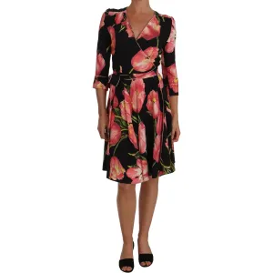 Dolce & Gabbana Elegant Black Shift Dress with Pink Tulips Print