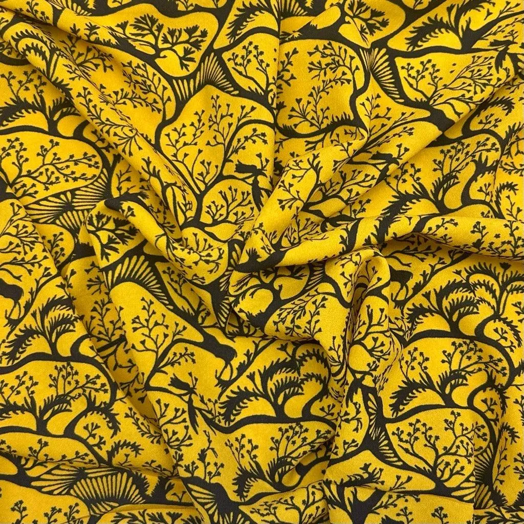 Enchanted Forest on Mustard Crepe Fabric