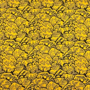 Enchanted Forest on Mustard Crepe Fabric