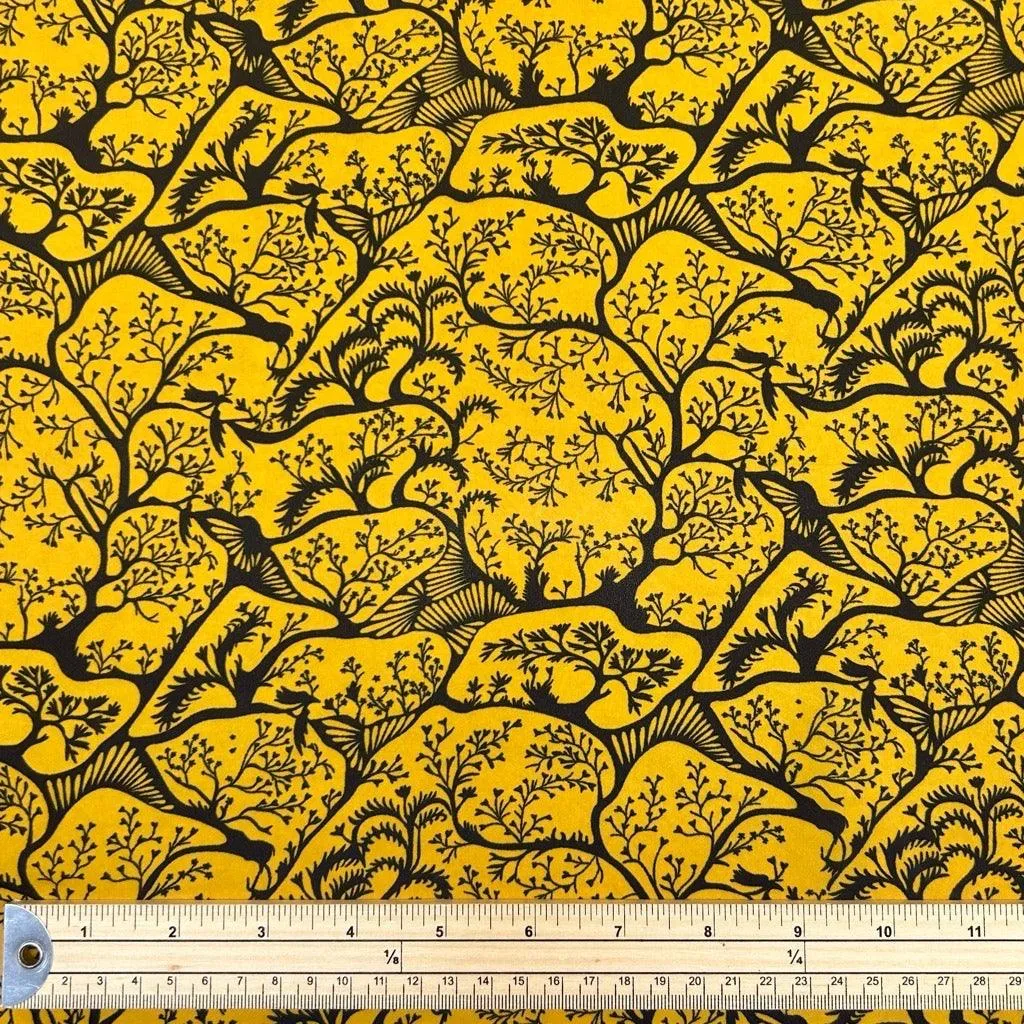 Enchanted Forest on Mustard Crepe Fabric