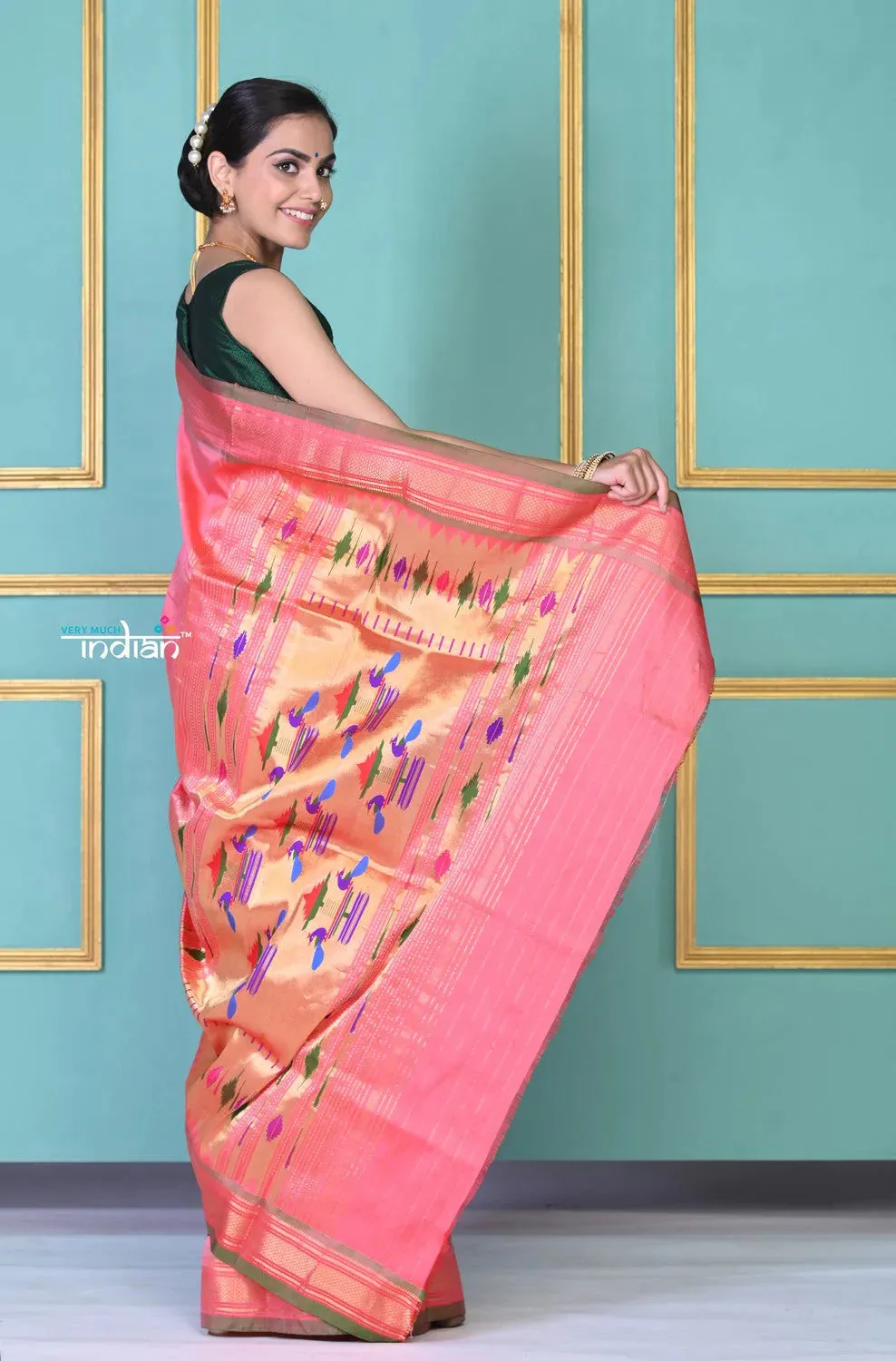 EXCLUSIVE! Traditional Pretty Powder Peach Pure Silk Double Pallu Paithani With Designer Peacocks Pallu