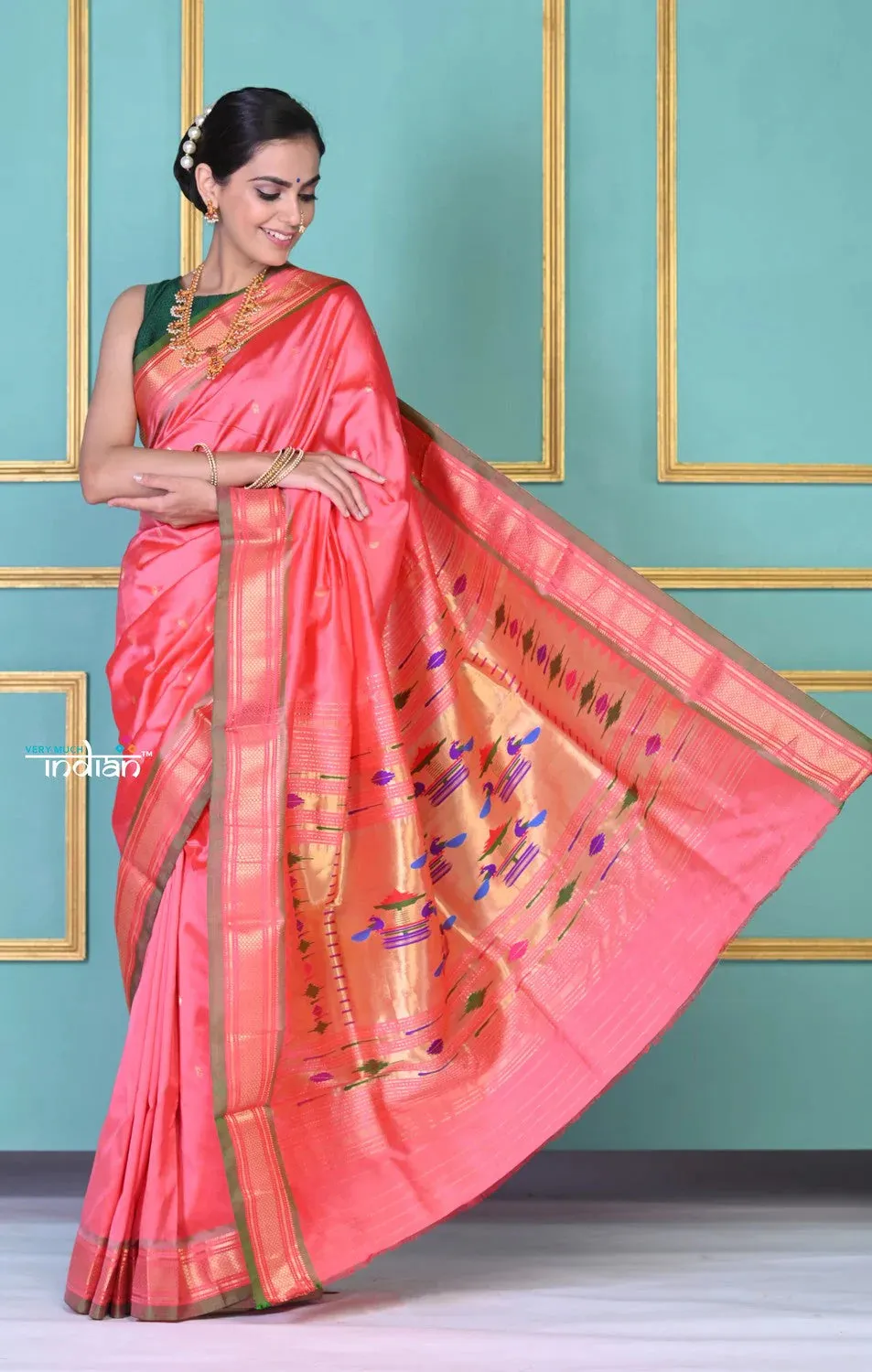 EXCLUSIVE! Traditional Pretty Powder Peach Pure Silk Double Pallu Paithani With Designer Peacocks Pallu