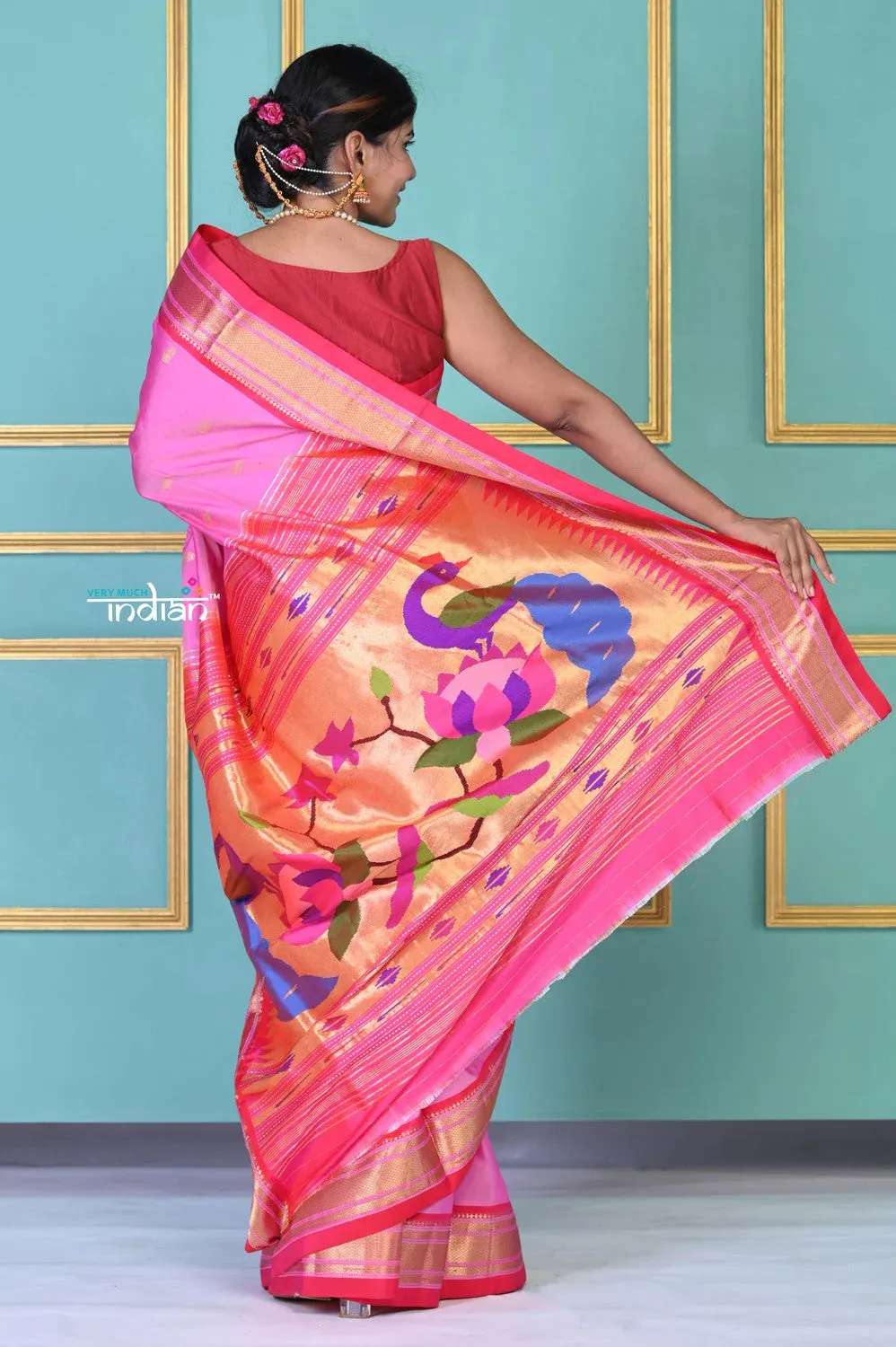 EXCLUSIVE! Traditional Pretty Powder Pink Pure Silk  Paithani With Designer Peacocks Pallu