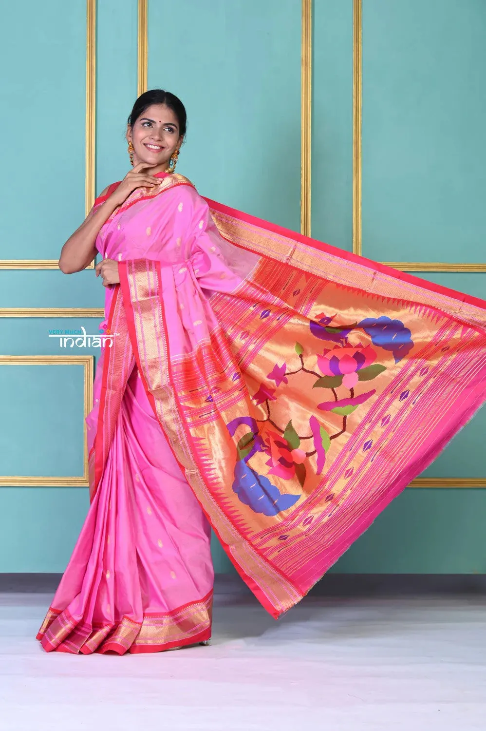 EXCLUSIVE! Traditional Pretty Powder Pink Pure Silk  Paithani With Designer Peacocks Pallu