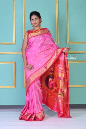 EXCLUSIVE! Traditional Pretty Powder Pink Pure Silk  Paithani With Designer Peacocks Pallu