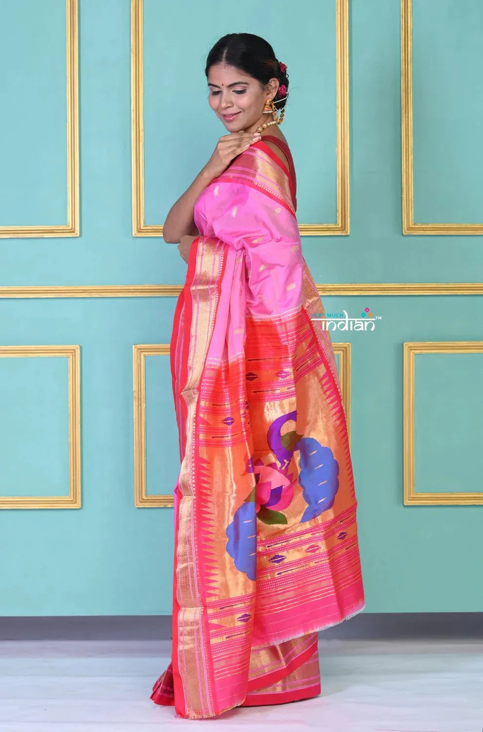 EXCLUSIVE! Traditional Pretty Powder Pink Pure Silk  Paithani With Designer Peacocks Pallu