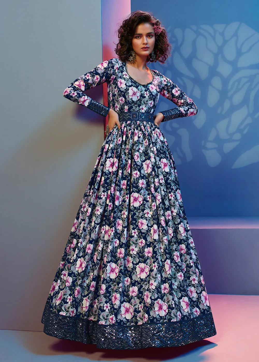 Floral Printed Glorious Blue Crepe Wedding Festive Party Gown