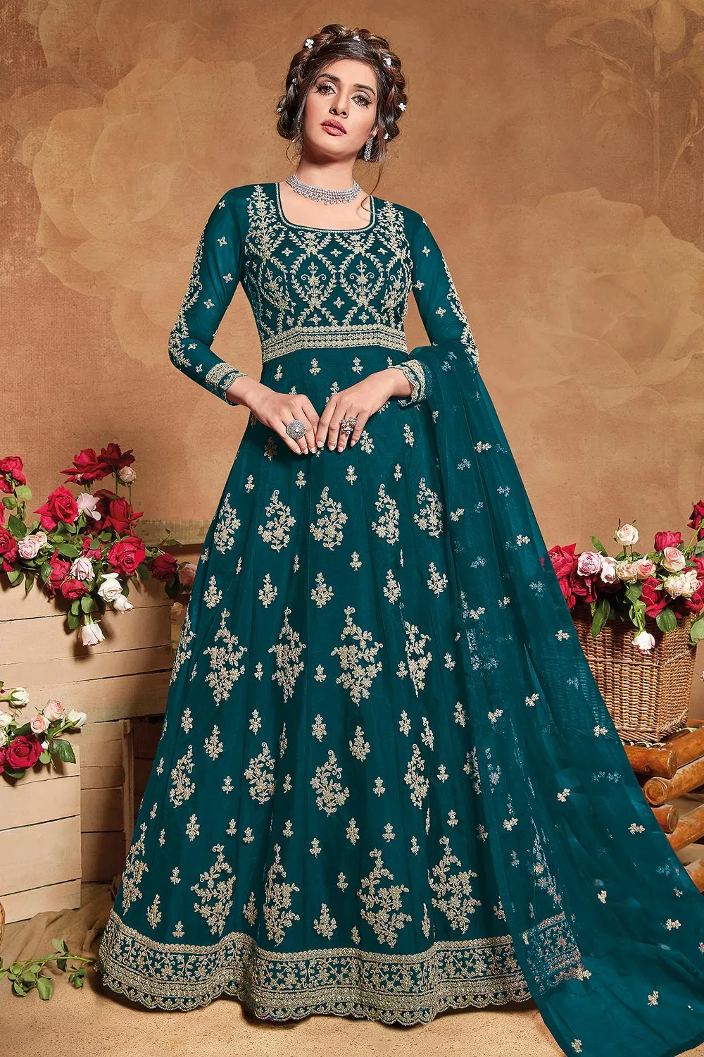 Forest Green Net Embroidered Floor Length Anarkali Suit