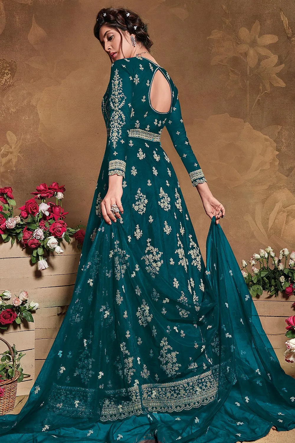 Forest Green Net Embroidered Floor Length Anarkali Suit