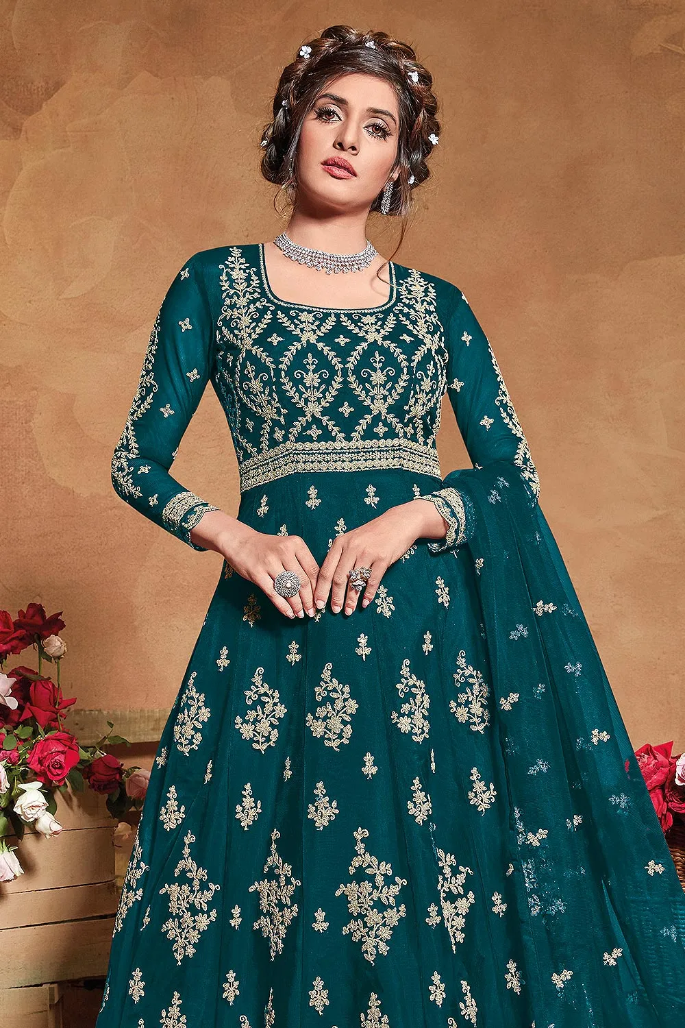 Forest Green Net Embroidered Floor Length Anarkali Suit