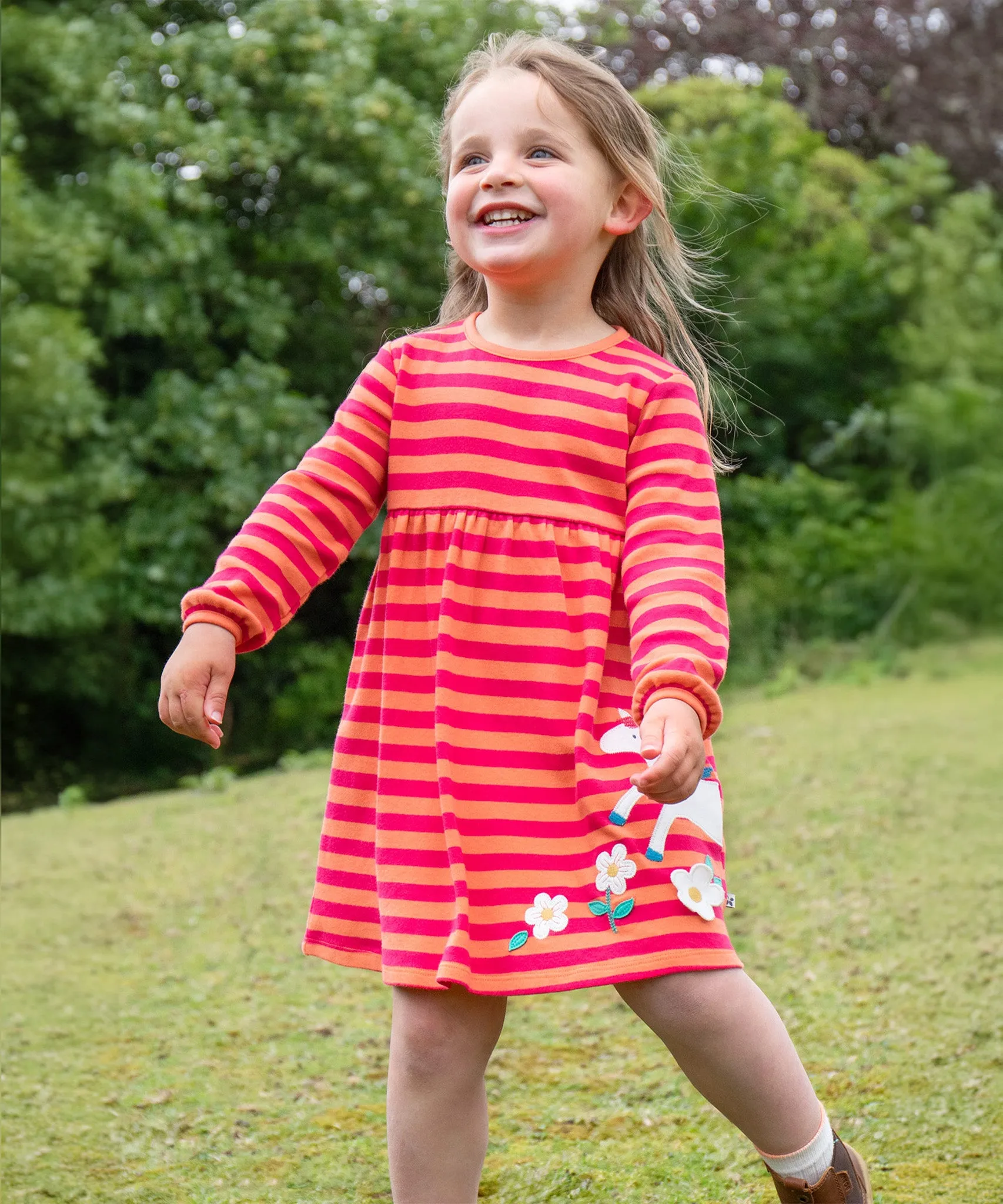 Frugi Dolcie Dress - Cantaloupe Stripe/Horse