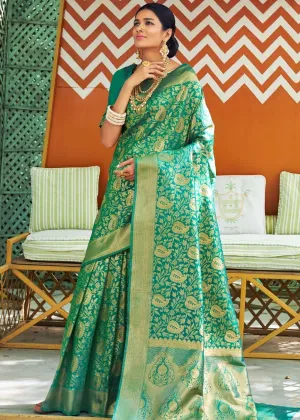 Grass Green Woven Banarasi Brocade Silk Saree