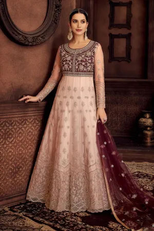 Heavy Embroidered Pink & Wine Net Bridal Anarkali Suit