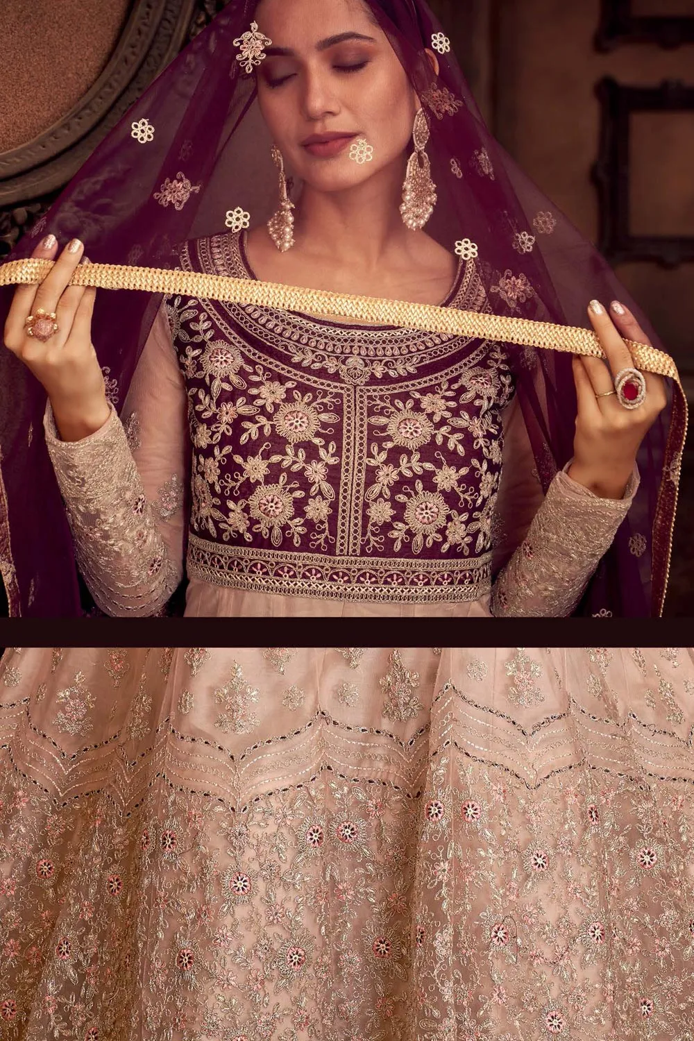 Heavy Embroidered Pink & Wine Net Bridal Anarkali Suit