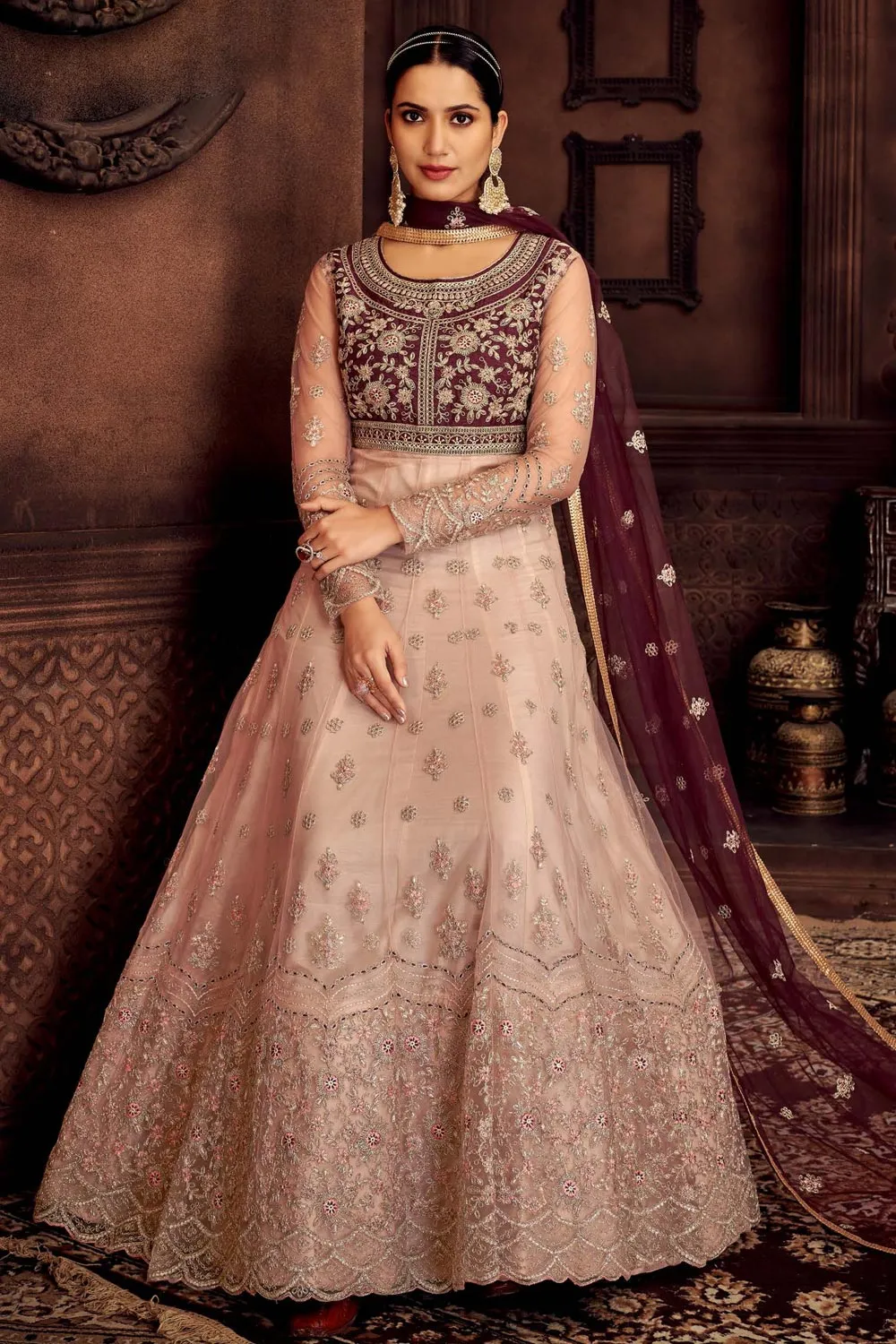 Heavy Embroidered Pink & Wine Net Bridal Anarkali Suit