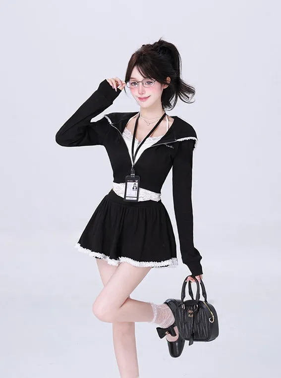 Kiki Idol Trainee Gray Black Hoodie & Skirt Two Piece Set