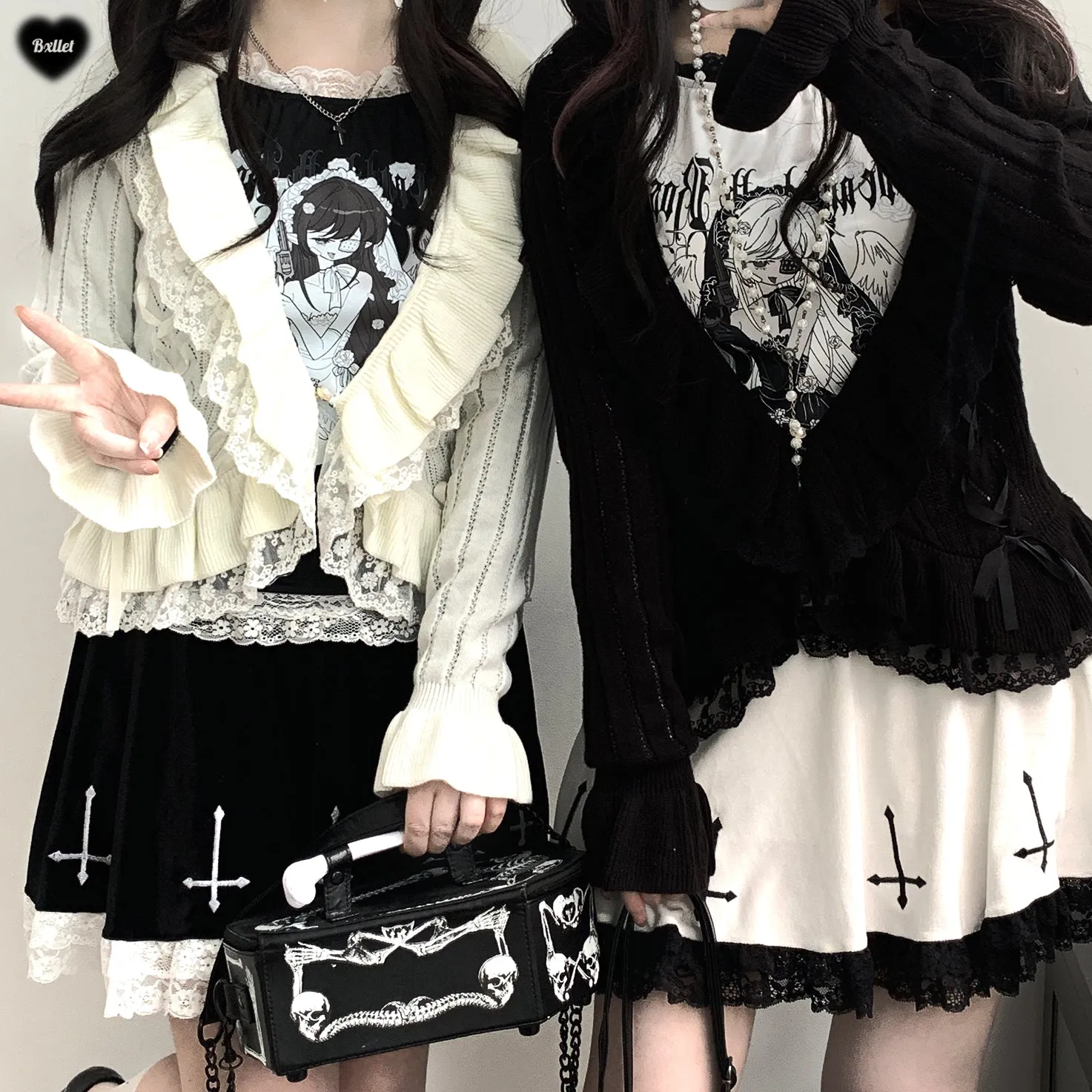 Kitten Bullet Jirai Kei Holy Cross Black White Velvet Skirt