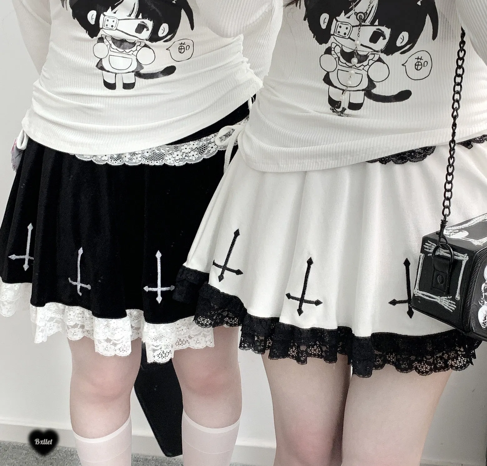 Kitten Bullet Jirai Kei Holy Cross Black White Velvet Skirt